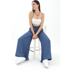 Vpr Moda Geniş Kemerli Bol Paça Düz Keten Kadın Pantolon - Mavi