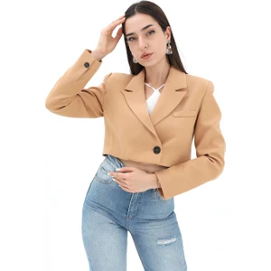 Crop Blazer Kısa Ceket - Camel