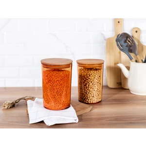 Yuviera Ahşap Kapaklı 2'li Saklama Kabı - Amber- 1500 ml