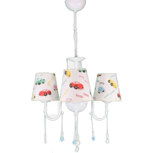 Şenay Aydınlatma Çocuk odası  3'lü Kumaş Abajur Avize-Beyaz Araba