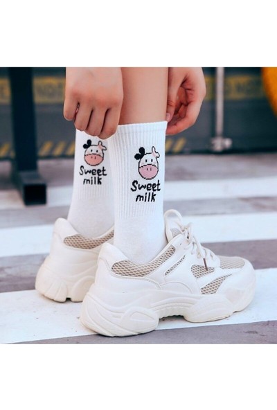 Nuh Home Kadın 5 Çift Siyah Beyaz Inek Desenli Çizgili Tenis Çorap
