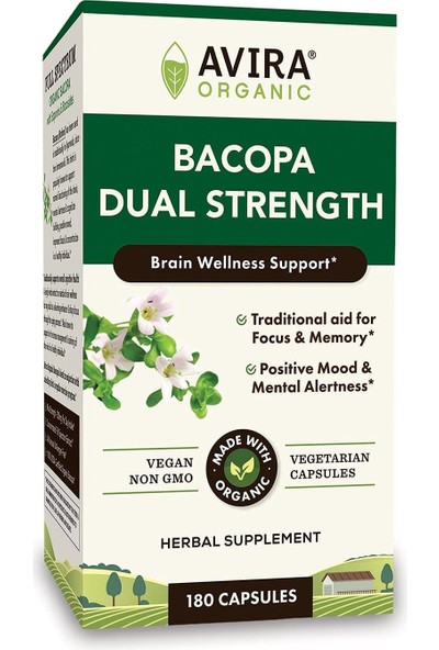 Organic Bacopa Brahmi Dual Strenght 180 Kapsul 90 Servis 3 Aylık Kullanım Abd
