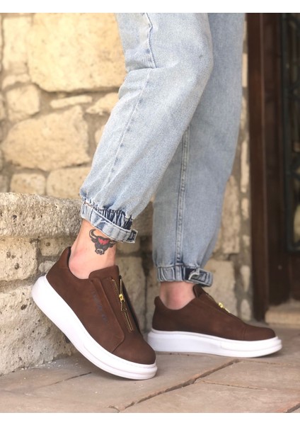 ER0310 Erb Kalın Yüksek Taban Fermuarlı Taba Beyaz Erkek Ayakkabı