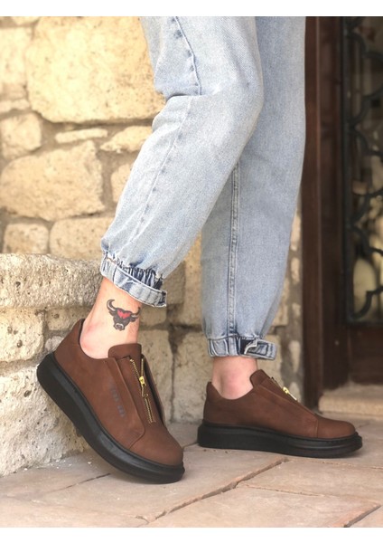 ER0310 Erb Kalın Yüksek Taban Fermuarlı Taba Siyah Erkek Ayakkabı