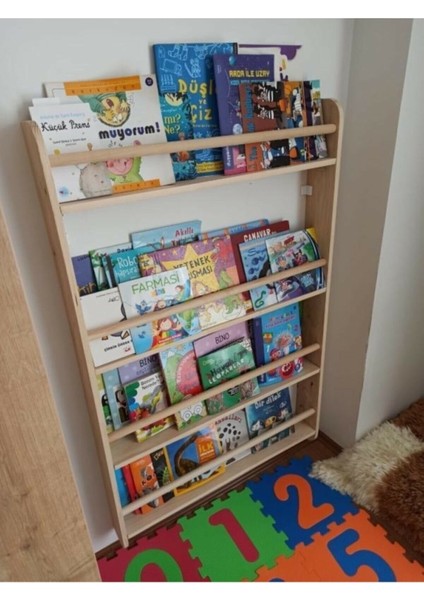 Montessori Kitaplık Geniş Model Yuvarlak Çıtalı 80 cm x 120 cm Çocuk Montessori Ahşap Duvar Rafı