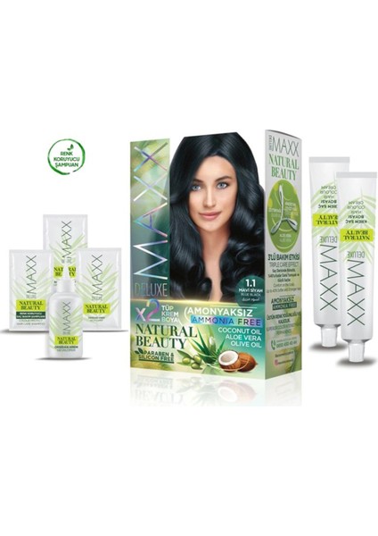 Maxx Deluxe 2 Paket Natural Beauty Amonyaksız Saç Boyası 1.1 Mavi Siyah