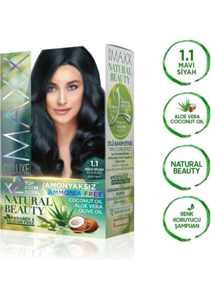 Maxx Deluxe 2 Paket Natural Beauty Amonyaksız Saç Boyası 1.1 Mavi Siyah