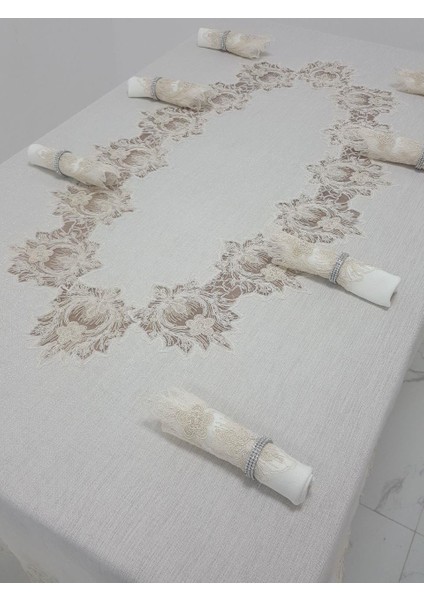 Nihal Lüx Dantelli Simli Keten Kumaş Bej Masa Örtüsü ve Peçeteli Sofra Takımı 8 kişilik Dikdörtgen 160x230 cm 17 Parça - 1153