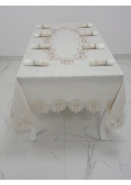 Nihal Lüx Dantelli Simli Keten Kumaş Bej Masa Örtüsü ve Peçeteli Sofra Takımı 8 kişilik Dikdörtgen 160x230 cm 17 Parça - 1153