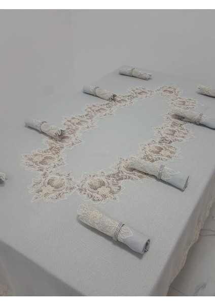 Nihal Lüx Dantelli Simli Keten Kumaş Gri Masa Örtüsü ve Peçeteli Sofra Takımı 8 kişilik Dikdörtgen 160x230 cm 17 Parça - 1154