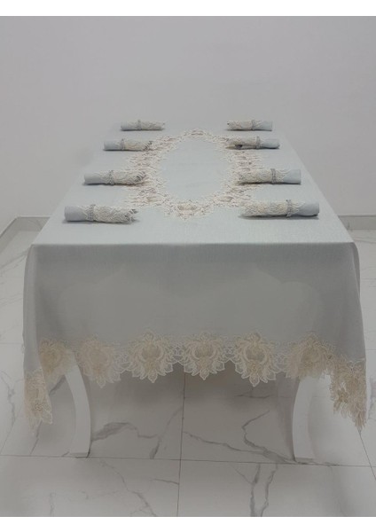 Nihal Lüx Dantelli Simli Keten Kumaş Gri Masa Örtüsü ve Peçeteli Sofra Takımı 8 kişilik Dikdörtgen 160x230 cm 17 Parça - 1154