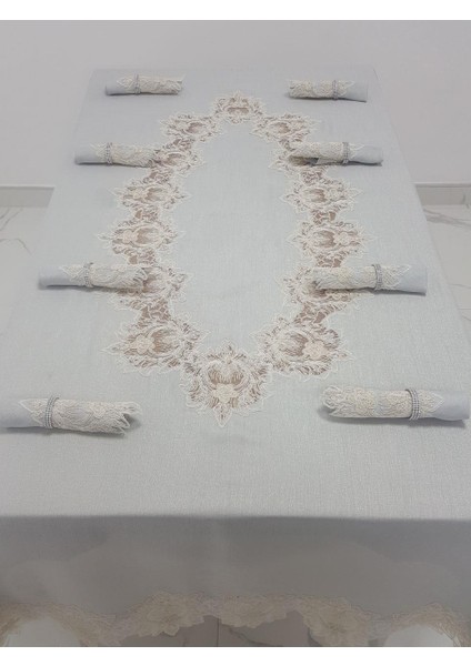 Nihal Lüx Dantelli Simli Keten Kumaş Gri Masa Örtüsü ve Peçeteli Sofra Takımı 8 kişilik Dikdörtgen 160x230 cm 17 Parça - 1154