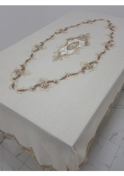 Perla Lüx Dantelli Simli Keten Kumaş Bej Masa Örtüsü Dikdörtgen 160x230 cm - 1156