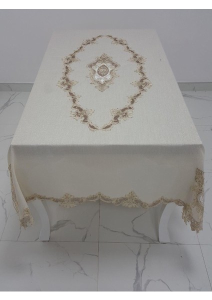 Perla Lüx Dantelli Simli Keten Kumaş Bej Masa Örtüsü Dikdörtgen 160x230 cm - 1156 fiyatları