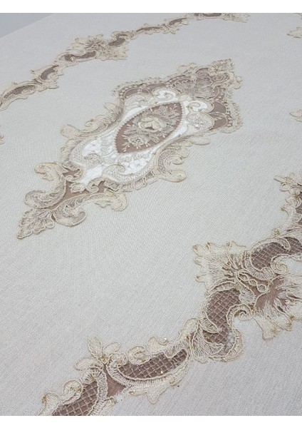 Perla Lüx Dantelli Simli Keten Kumaş Bej Masa Örtüsü Dikdörtgen 160x230 cm - 1156 modelleri