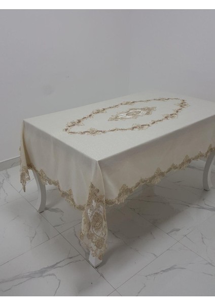 Perla Lüx Dantelli Simli Keten Kumaş Bej Masa Örtüsü Dikdörtgen 160x230 cm - 1156 fırsatları