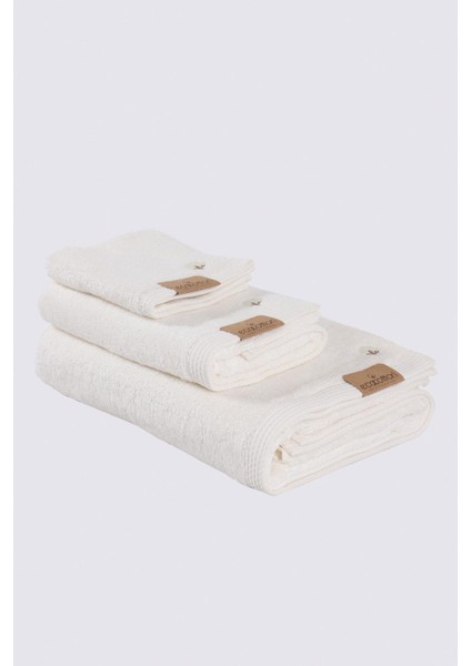 Pure Cotton 3'lü Havlu Seti Organik Pamuk Kelebek Bordürlü Nakışlı Krem