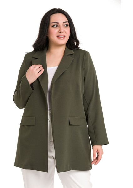 Büyük Beden Mono Yaka Süs Cep Kapaklı Haki Astarsız Kadın Ceket fiyatları