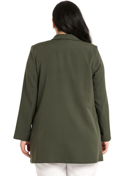Büyük Beden Mono Yaka Süs Cep Kapaklı Haki Astarsız Kadın Ceket modelleri