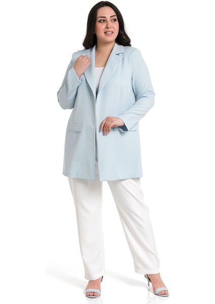 Büyük Beden Mono Yaka Süs Cep Kapaklı Bebe Mavi Astarsız Kadın Ceket