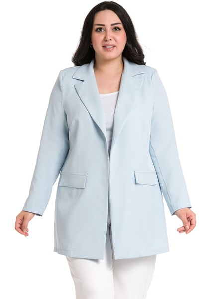 Büyük Beden Mono Yaka Süs Cep Kapaklı Bebe Mavi Astarsız Kadın Ceket fiyatları