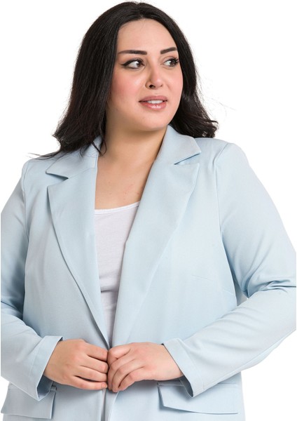 Büyük Beden Mono Yaka Süs Cep Kapaklı Bebe Mavi Astarsız Kadın Ceket indirimleri