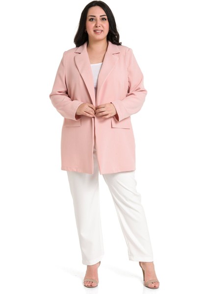 Büyük Beden Mono Yaka Süs Cep Kapaklı Pudra Astarsız Kadın Ceket