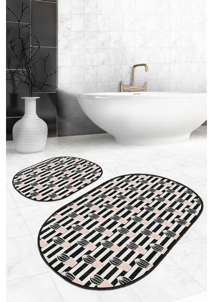 Siyah Beyaz Çizgili Kaktüs Motifli 2'li Oval Kaymaz Tabanlı Banyo & Mutfak Paspas Takımı