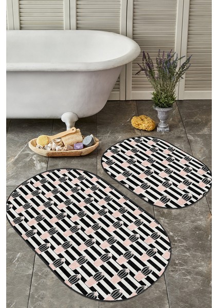 Siyah Beyaz Çizgili Kaktüs Motifli 2'li Oval Kaymaz Tabanlı Banyo & Mutfak Paspas Takımı modelleri