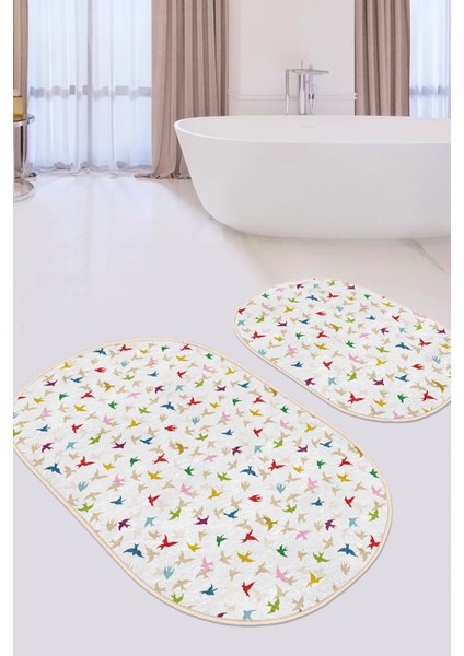Renkli Kuşlar Özel Tasarımlı Dijital Baskılı 2'li Oval Kaymaz Tabanlı Banyo & Mutfak Paspas Takımı