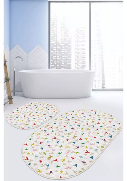 Renkli Kuşlar Özel Tasarımlı Dijital Baskılı 2'li Oval Kaymaz Tabanlı Banyo & Mutfak Paspas Takımı modelleri