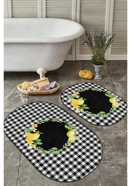 Siyah Ekose Motifli Limon Tasarımlı 2'li Oval Banyo Paspas Takımı & Klozet Paspas Seti