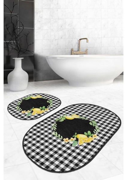 Siyah Ekose Motifli Limon Tasarımlı 2'li Oval Banyo Paspas Takımı & Klozet Paspas Seti