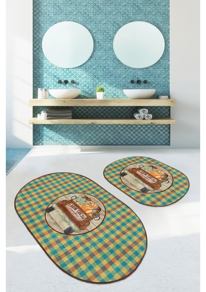 Kabak Temalı Ekose Tasarımlı 2'li Oval Kaymaz Tabanlı Klozet Paspas Takımı & Banyo Paspas Seti