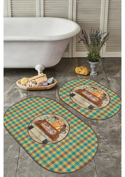Kabak Temalı Ekose Tasarımlı 2'li Oval Kaymaz Tabanlı Klozet Paspas Takımı & Banyo Paspas Seti