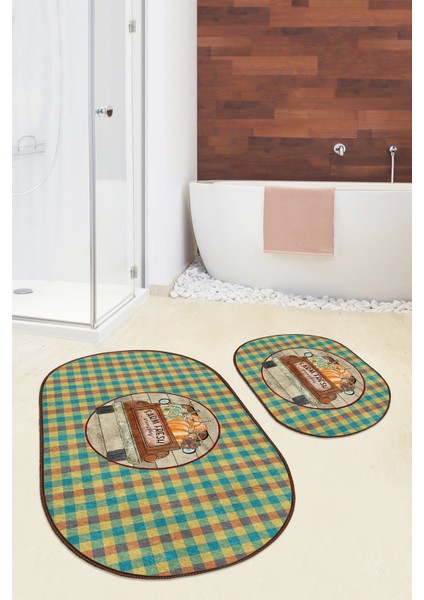 Kabak Temalı Ekose Tasarımlı 2'li Oval Kaymaz Tabanlı Klozet Paspas Takımı & Banyo Paspas Seti