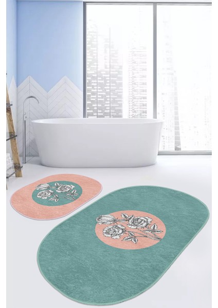 Renkli Zemin Çiçek Motifli 2'li Oval Kaymaz Tabanlı Banyo Paspas Takımı & Mutfak Paspas Seti