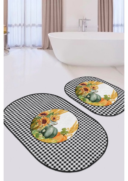 Siyah Beyaz Ekose Motifli Kabak Tasarımlı 2'li Oval Banyo Paspas Takımı & Mutfak Paspas Seti fiyatları