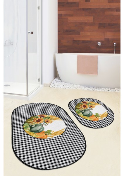 Siyah Beyaz Ekose Motifli Kabak Tasarımlı 2'li Oval Banyo Paspas Takımı & Mutfak Paspas Seti modelleri
