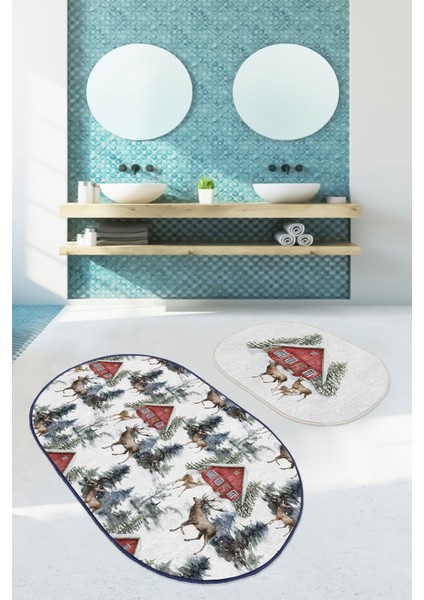 Kırmızı Bağ Evi Tasarımlı Kış Temalı Geyikler 2'li Oval Kaymaz Tabanlı Banyo & Mutfak Paspas Takımı