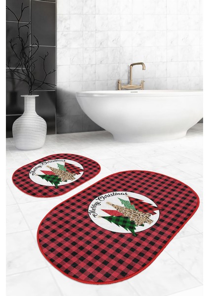 Mery Christmas Temalı Kırmızı Ekoseli 2'li Oval Banyo Halısı Seti & Klozet Paspas Takımı