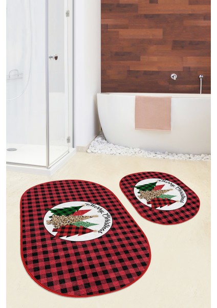 Mery Christmas Temalı Kırmızı Ekoseli 2'li Oval Banyo Halısı Seti & Klozet Paspas Takımı