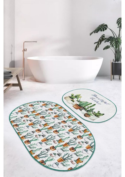 Kaktüs Motifli Dijital Baskılı 2'li Oval Kaymaz Tabanlı Banyo & Mutfak Paspas Takımı