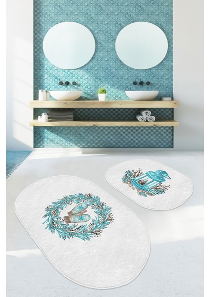 Yılbaşı Temalı Mavi Çelekli Dijital Baskılı 2'li Oval Kaymaz Tabanlı Banyo & Mutfak Paspas Takımı