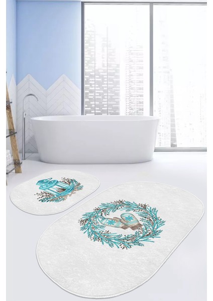 Yılbaşı Temalı Mavi Çelekli Dijital Baskılı 2'li Oval Kaymaz Tabanlı Banyo & Mutfak Paspas Takımı fiyatları