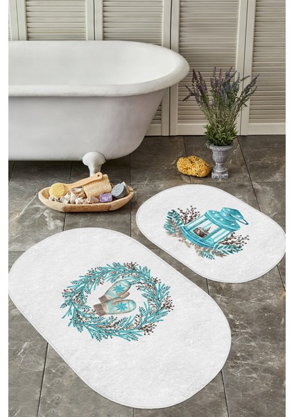 Yılbaşı Temalı Mavi Çelekli Dijital Baskılı 2'li Oval Kaymaz Tabanlı Banyo & Mutfak Paspas Takımı modelleri
