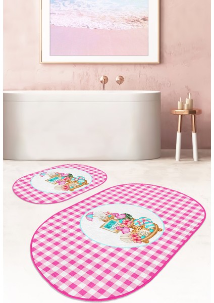 Pembe Ekoseli Özel Tasarım 2'li Oval Kaymaz Tabanlı Banyo Paspas Takımı & Mutfak Paspas Seti