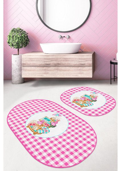 Pembe Ekoseli Özel Tasarım 2'li Oval Kaymaz Tabanlı Banyo Paspas Takımı & Mutfak Paspas Seti