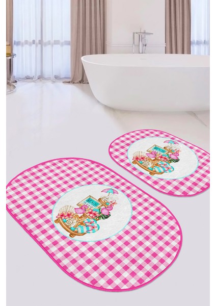 Pembe Ekoseli Özel Tasarım 2'li Oval Kaymaz Tabanlı Banyo Paspas Takımı & Mutfak Paspas Seti