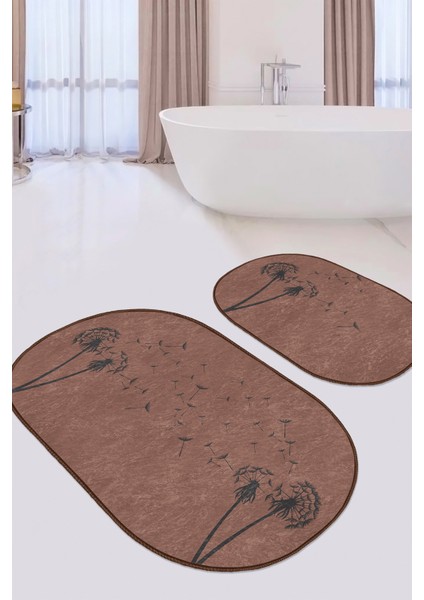Kahverengi Zemin Karahindiba Motifli 2'li Oval Banyo Paspas Seti & Klozet Paspas Takımı9